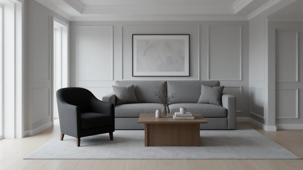 living room showing multiple shades of grey with white walls