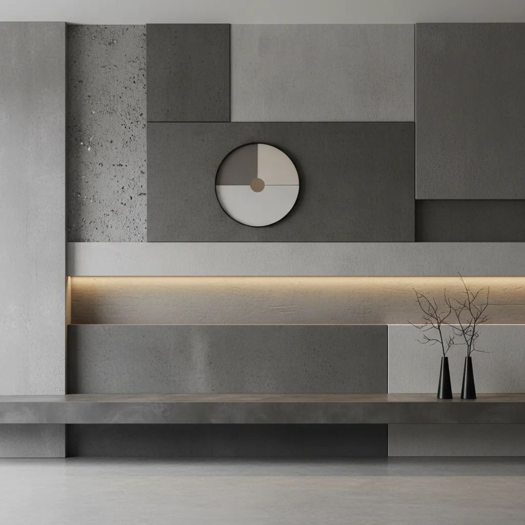 Modern wall with grey panels circular art built-in light and two black vases with branches