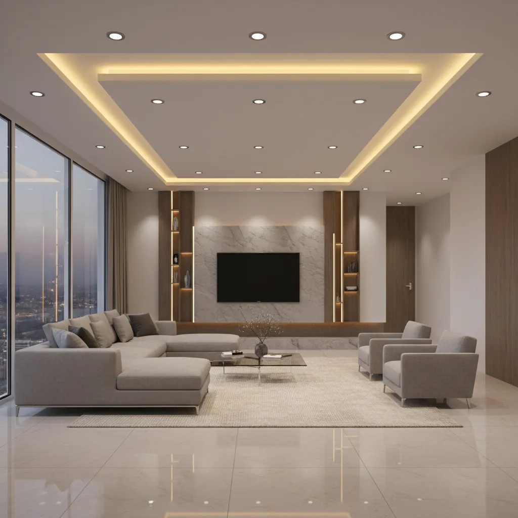Layered gypsum ceiling with LED cove lighting in a contemporary living hall