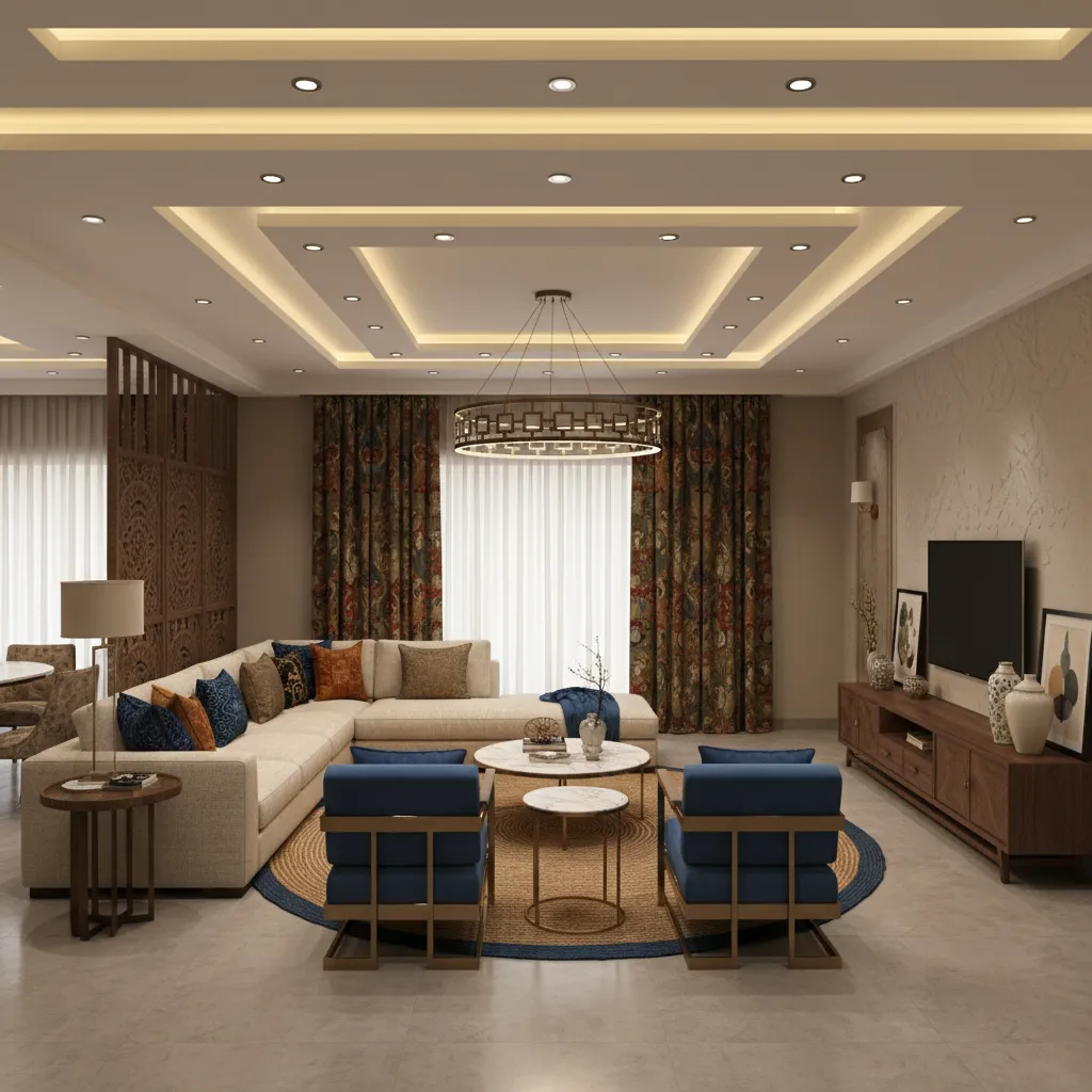 Layered gypsum ceiling with recessed lighting in L-shaped living room