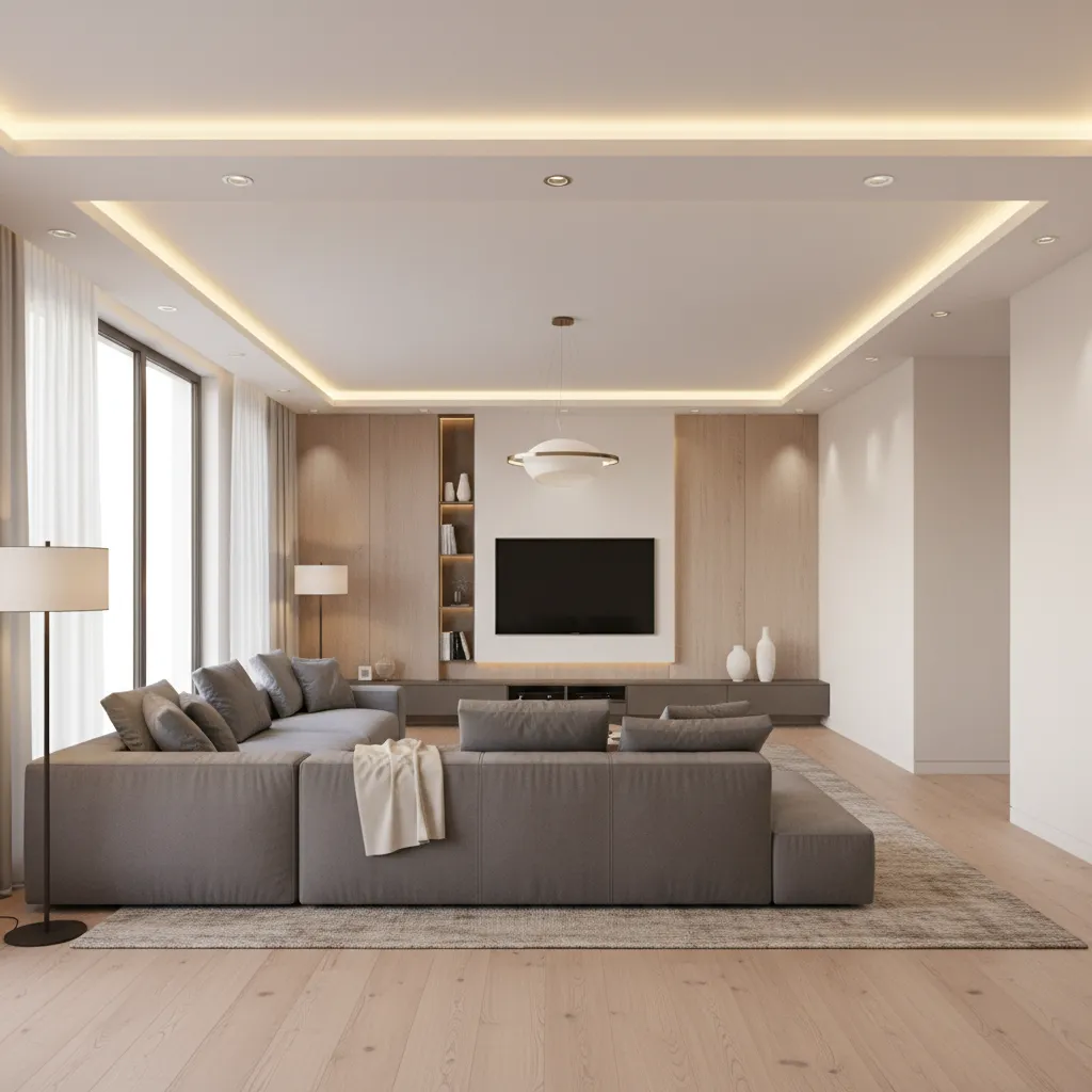 Layered gypsum false ceiling following an L shaped living room layout