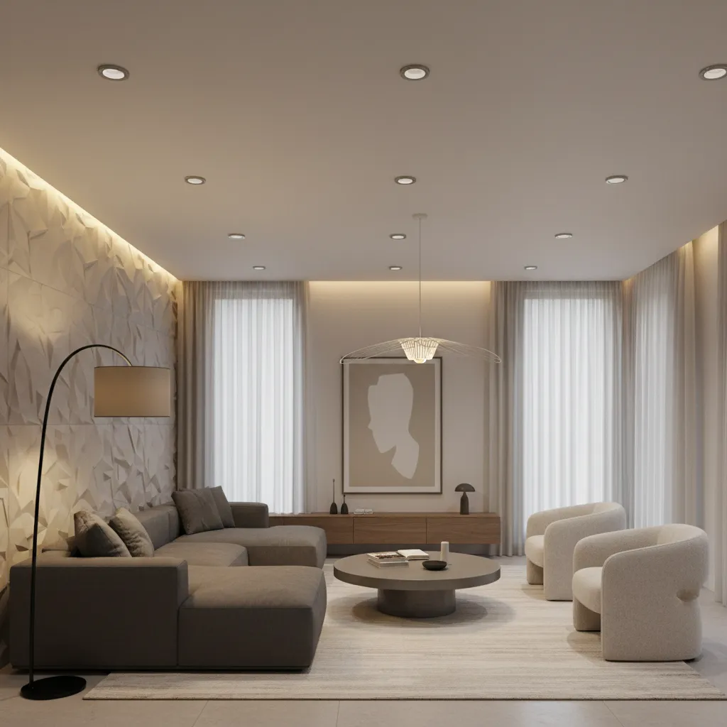 Modern living room demonstrating layered lighting with ceiling lights, lamps, and wall lighting