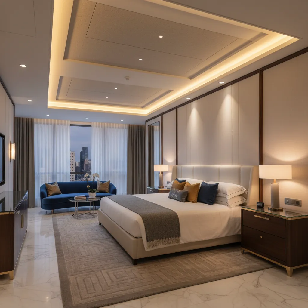 Luxury hotel room with layered ceiling design and integrated lighting for acoustic control