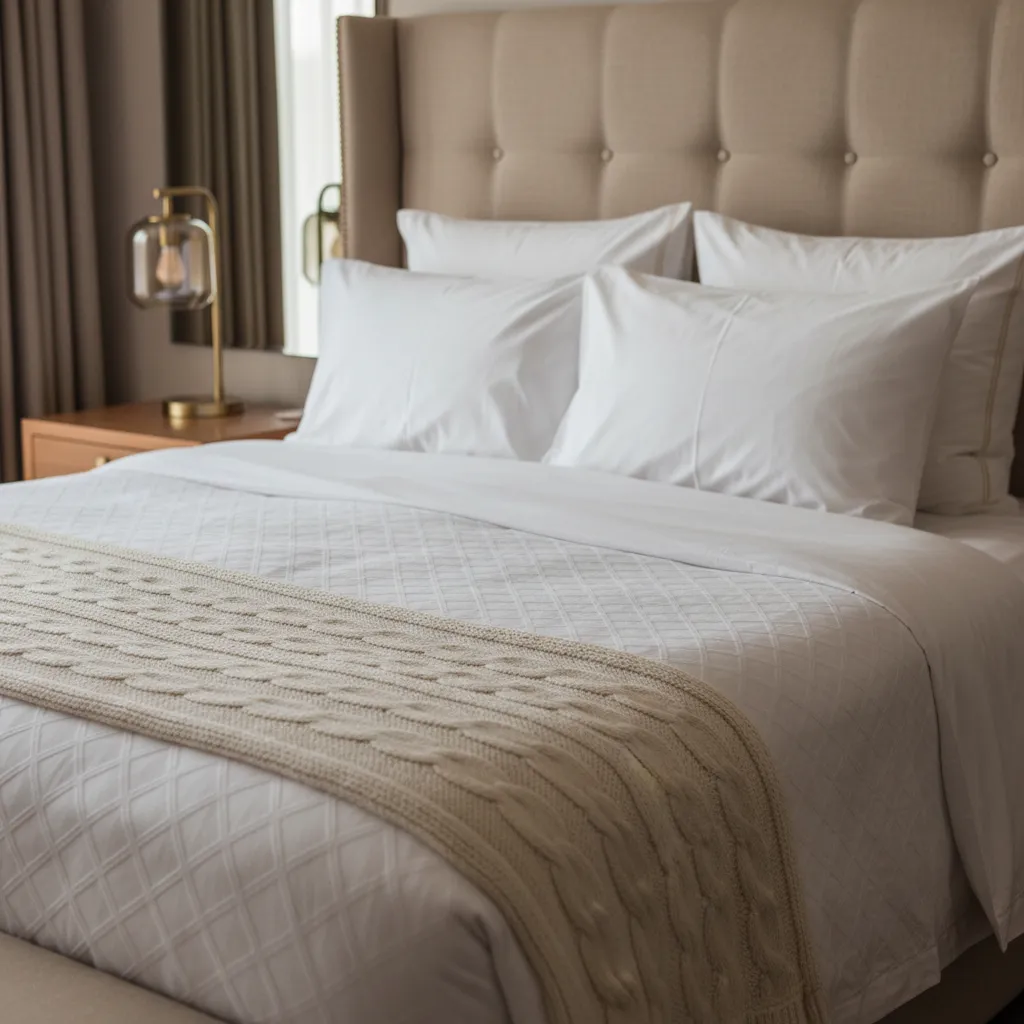 hotel style bed with layered white bedding pillows and throw blanket