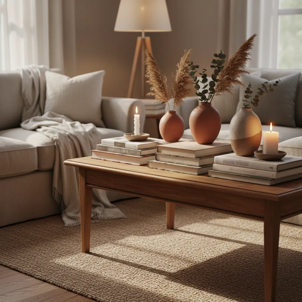 Wooden coffee table with stacks of books, ceramic vases, dried plants, and candles in room