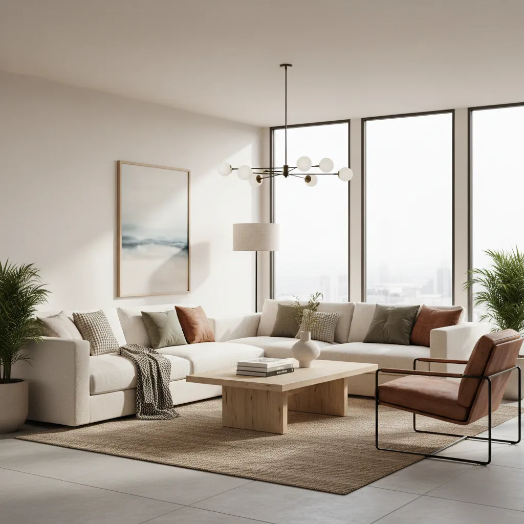 modern living room showing layered textures and colors combining unity and harmony