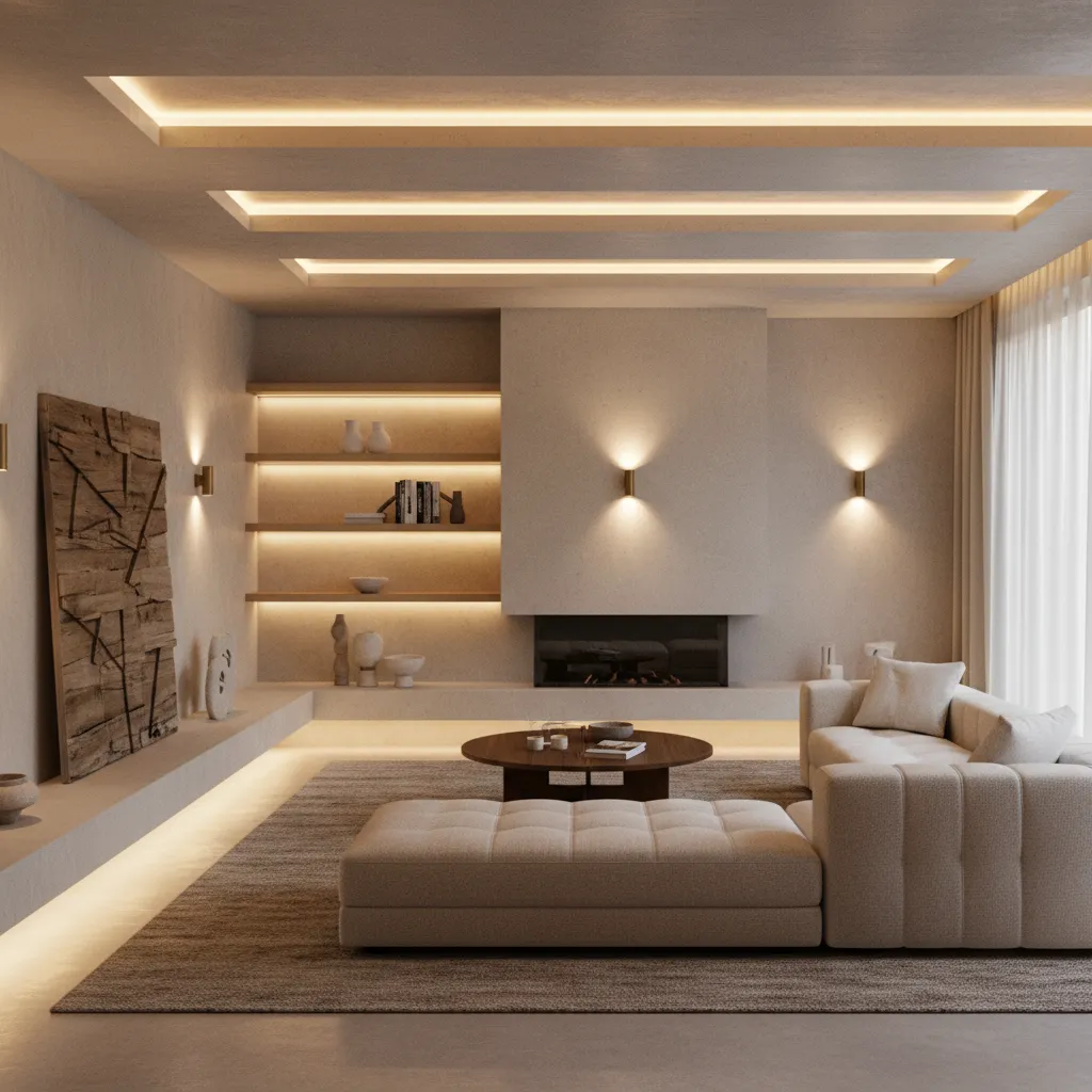 Warm modern living room with ceiling light strips wall lights fireplace shelves and beige sofa