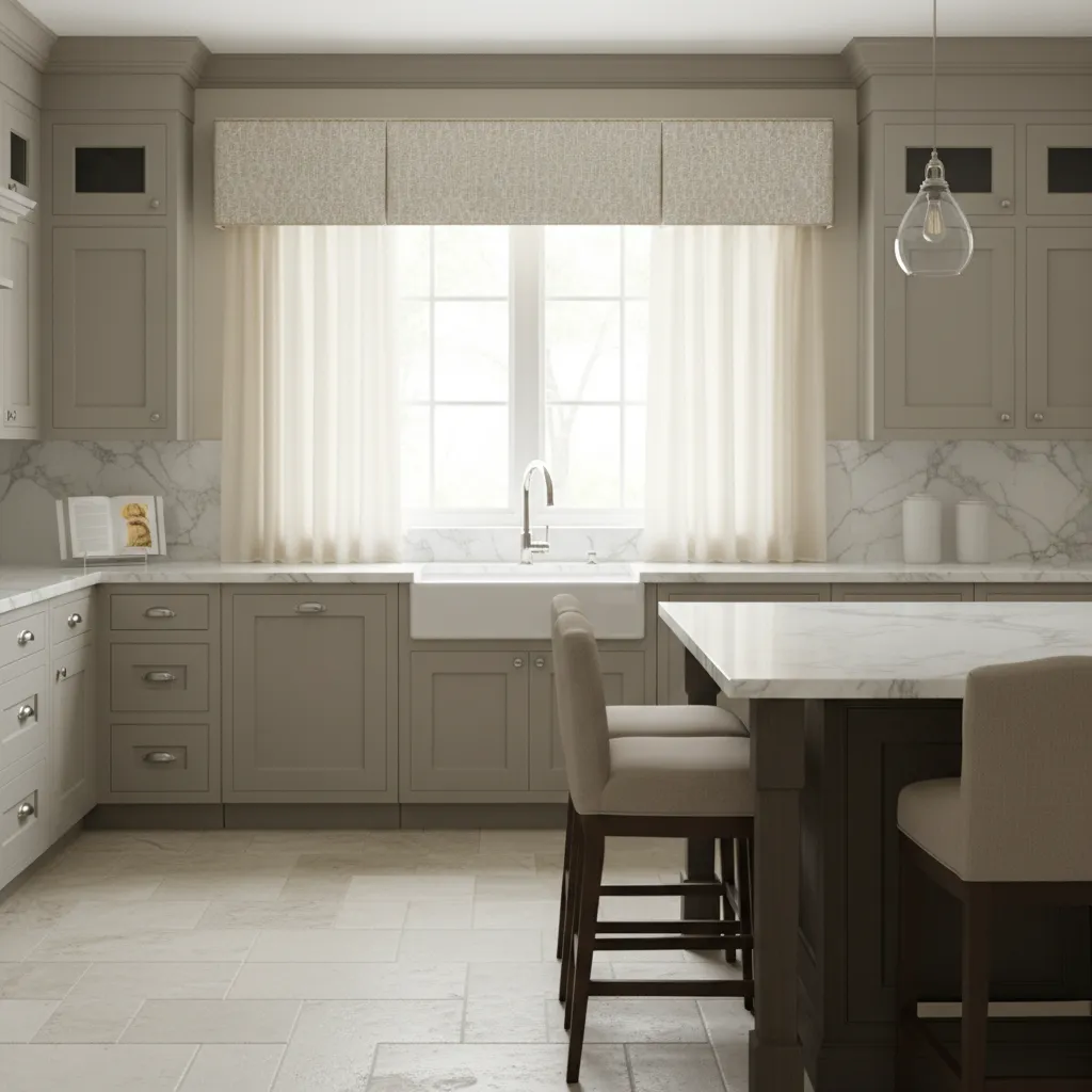 Kitchen window using layered curtain panels and decorative valance