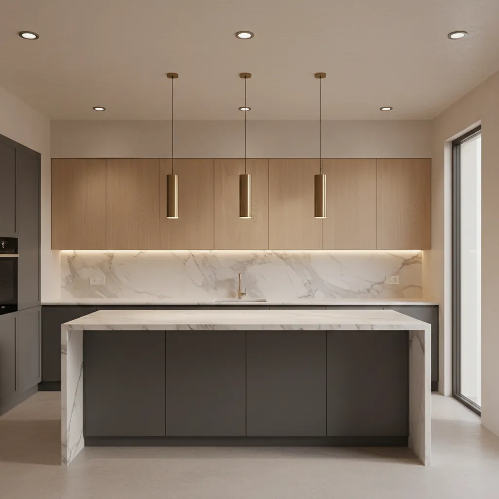 kitchen with layered lighting including ceiling lights pendant lights and under cabinet lights