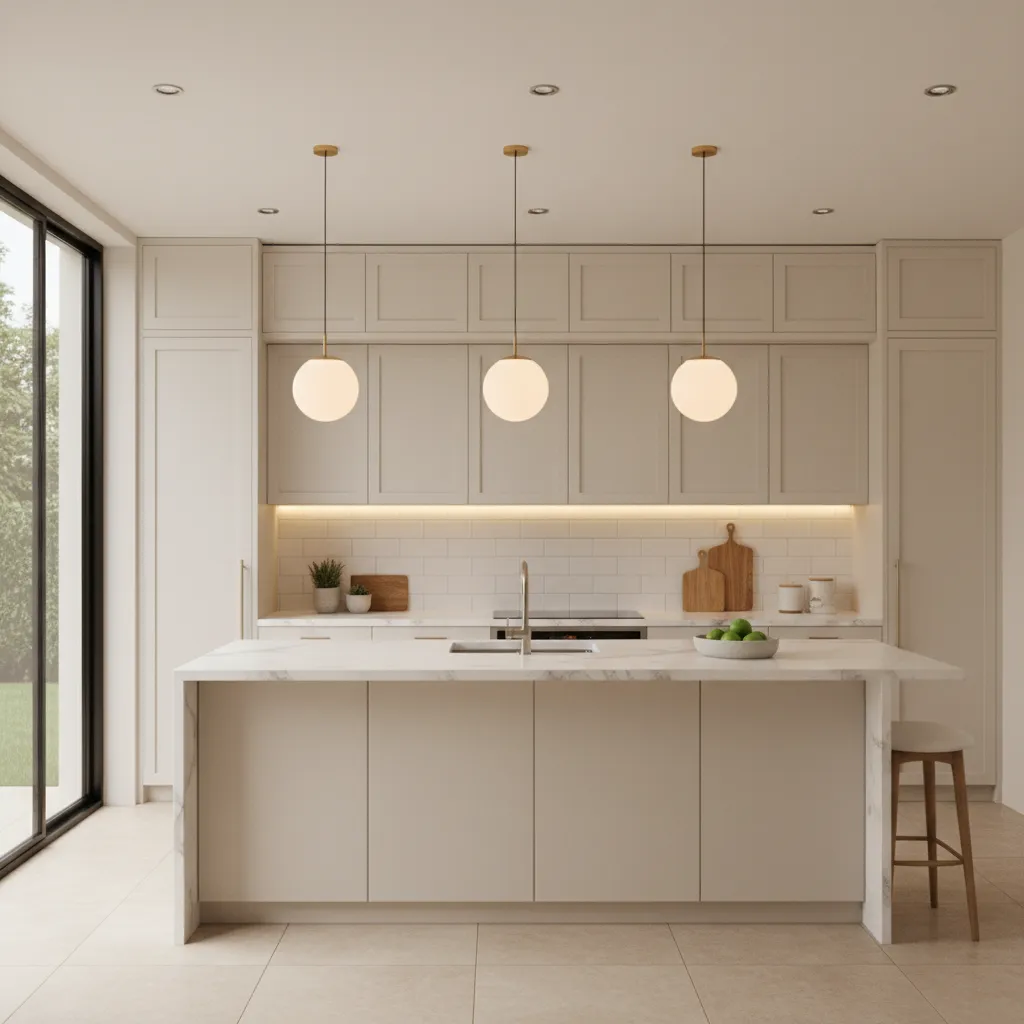 Kitchen with layered lighting including pendants and under cabinet lights illuminating cream cabinets