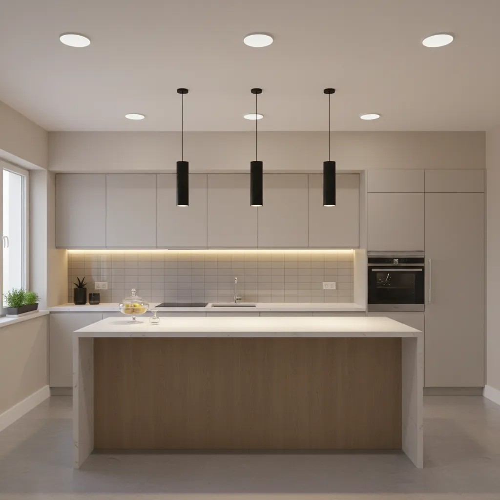 Kitchen showing layered lighting with under cabinet strips and ceiling lights