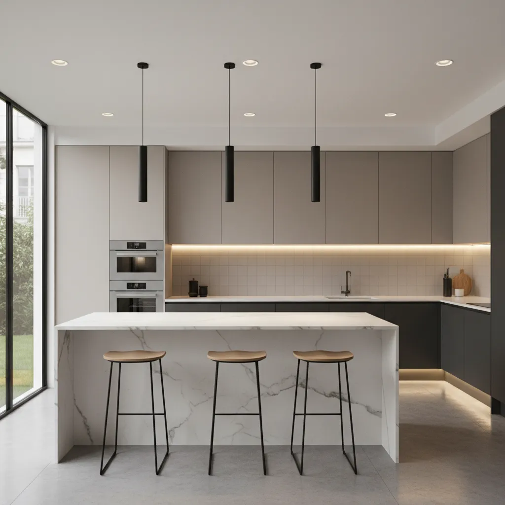modern kitchen showing pendant lights recessed lighting and under cabinet lighting