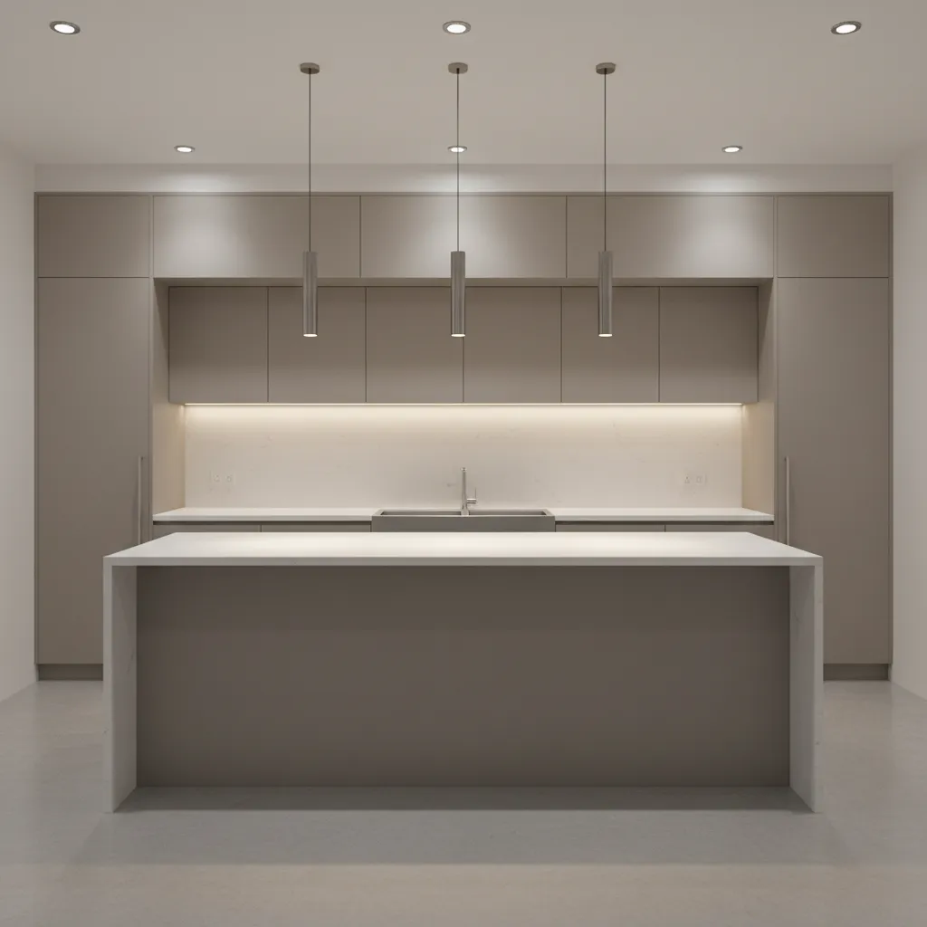 Example of layered kitchen lighting with ceiling lights, under cabinet lighting and pendant fixtures
