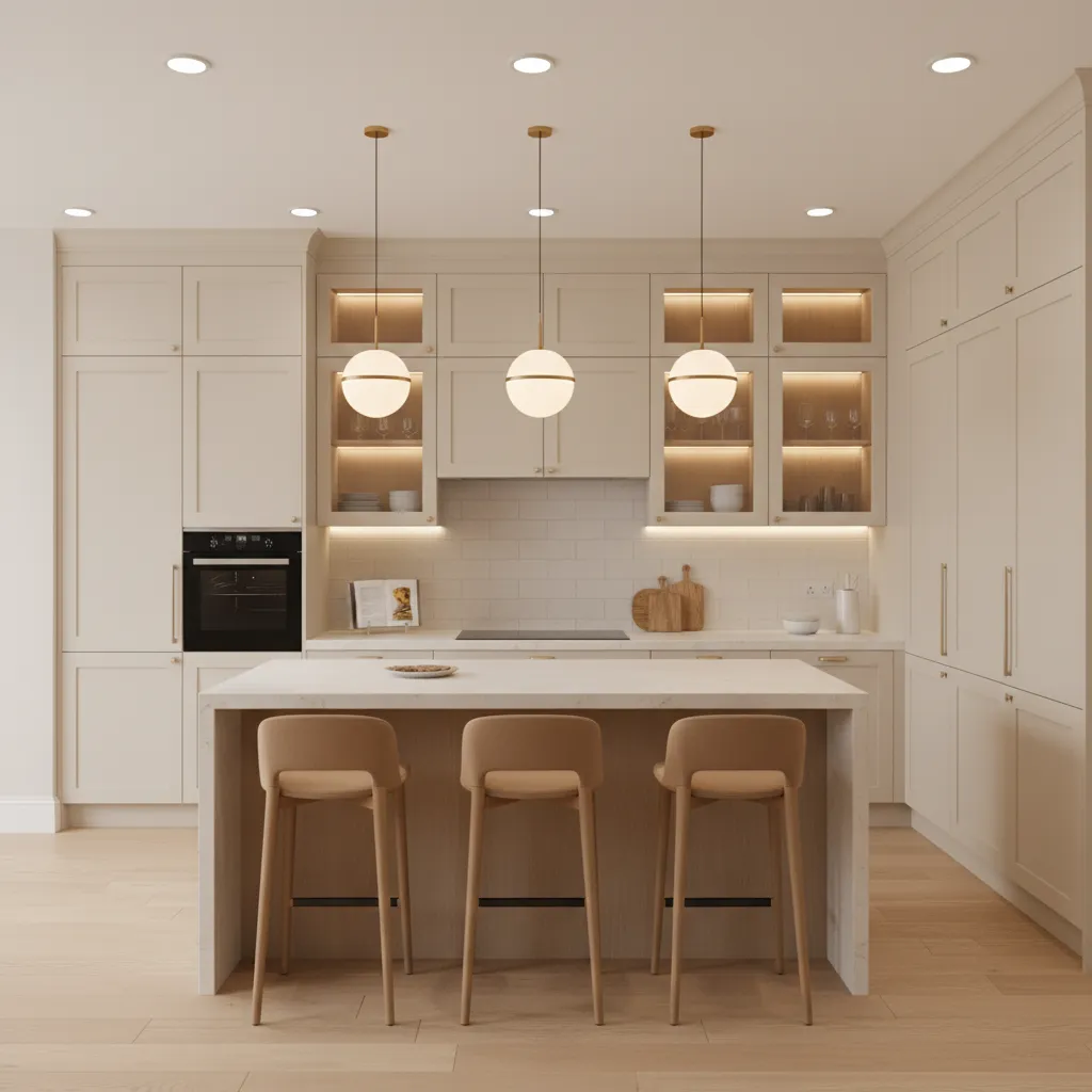 Kitchen demonstrating ambient task and accent lighting layers