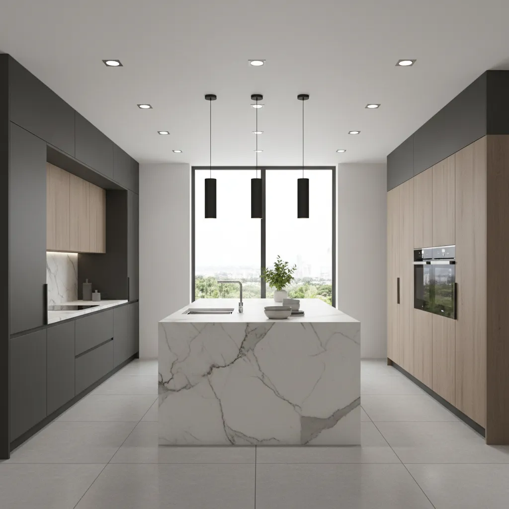 Kitchen with pendant lighting and recessed ceiling lights