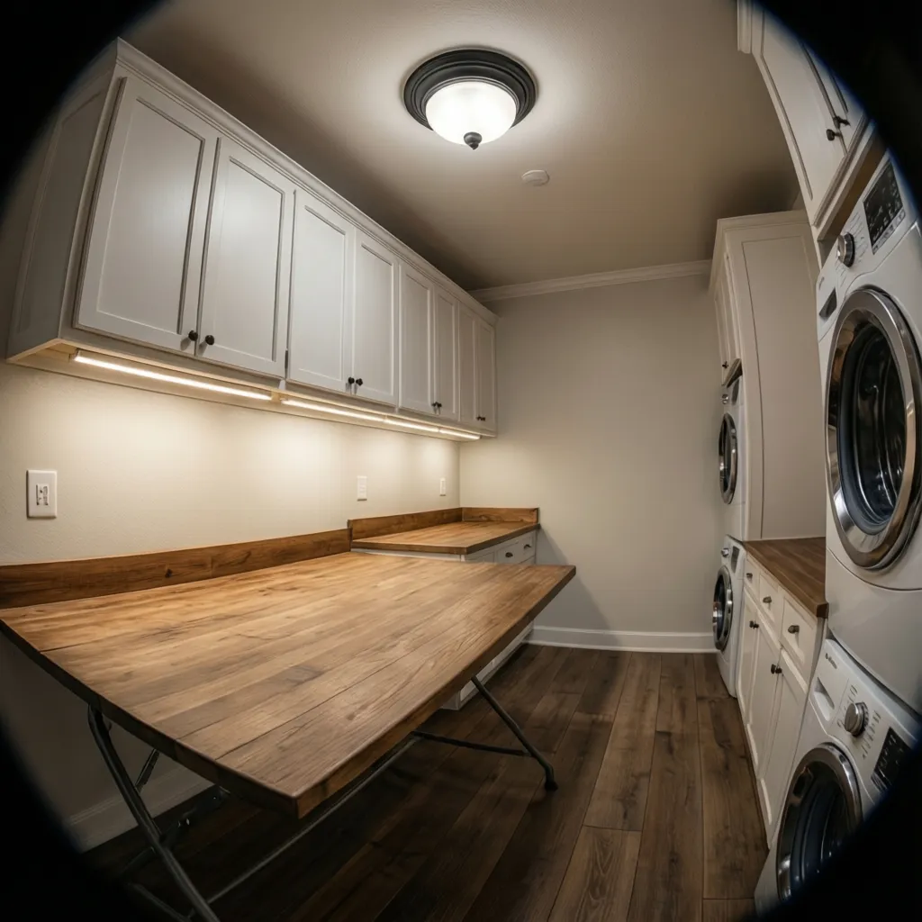 Laundry room showing layered lighting with ceiling light and under cabinet LEDs