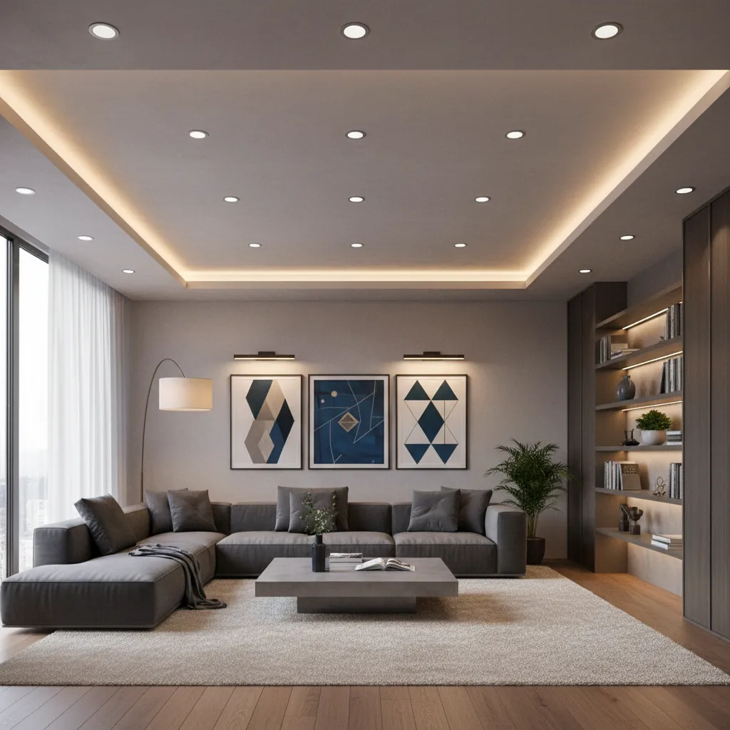 Modern living room with grey sectional sofa wall art bookshelf and layered warm hidden lights