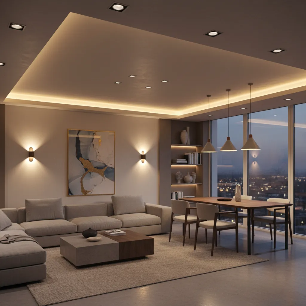Apartment living room showing layered lighting with ceiling lights and wall sconces