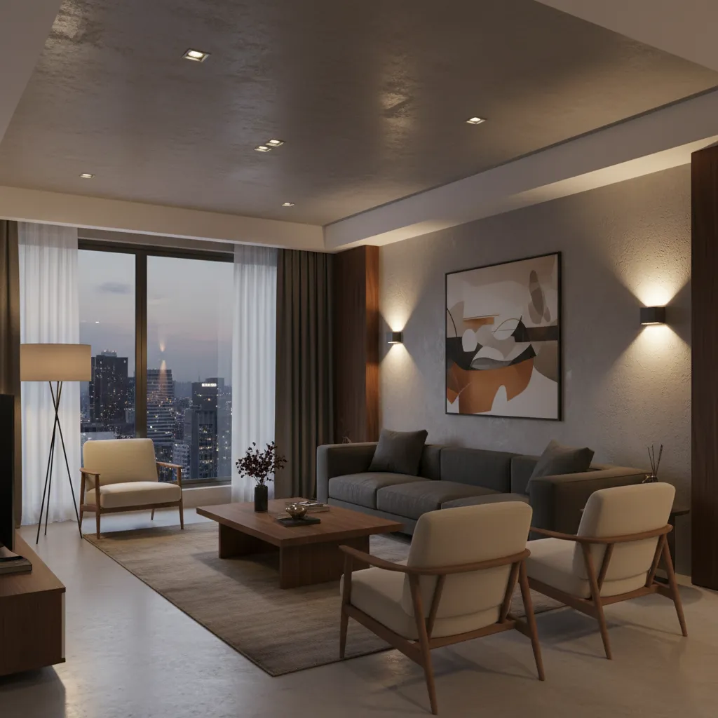 layered lighting in a modern apartment living room