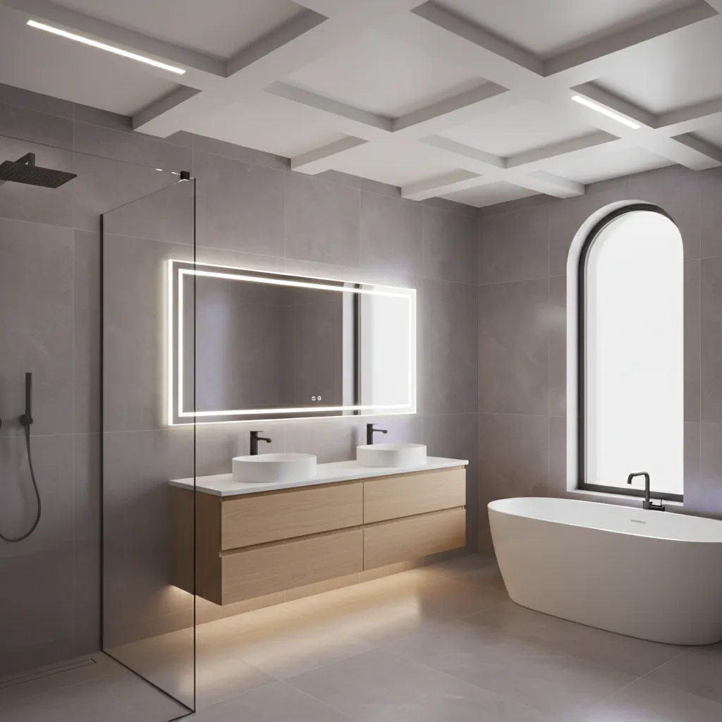 Bathroom lighting example showing recessed ceiling lights and mirror lighting