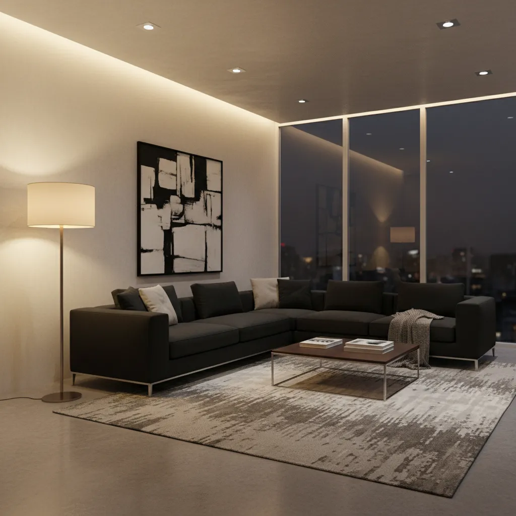 Layered lighting around a black couch with floor lamps and ceiling lights