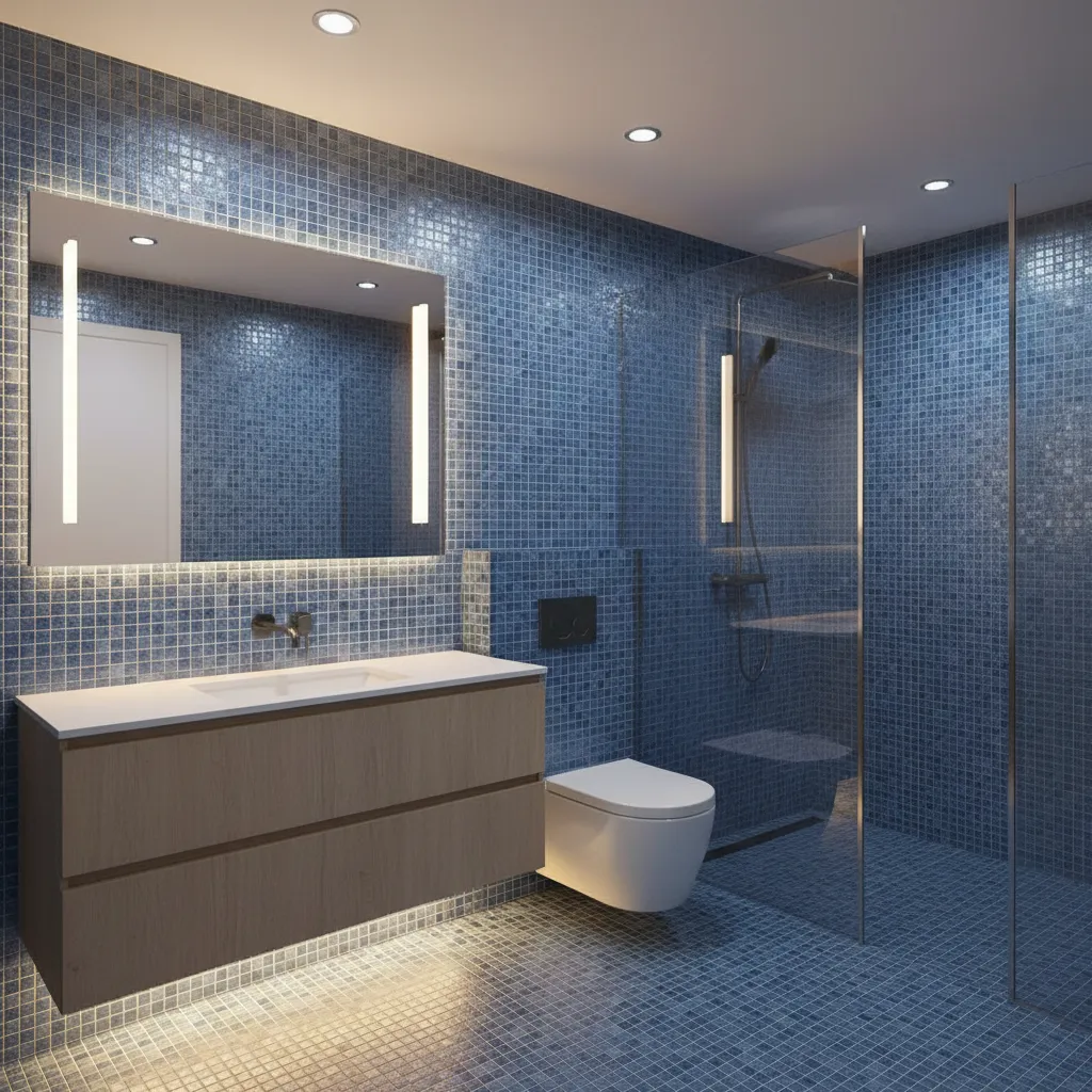 bathroom lighting layers with recessed lights and mirror sconces on blue mosaic wall