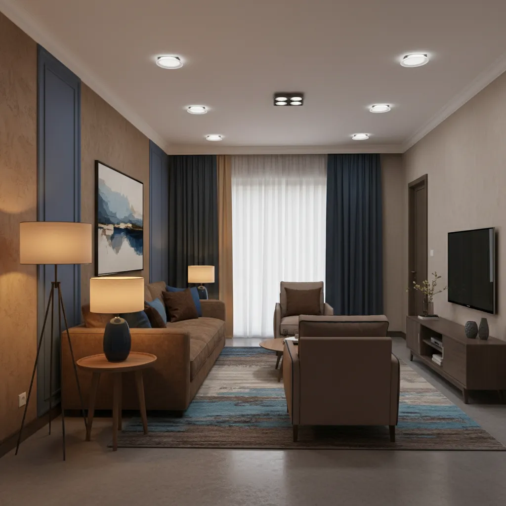 brown and blue living room with floor lamps table lamps and ceiling lighting
