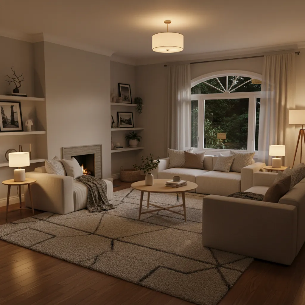 bungalow living room with layered lighting including lamps and ceiling light