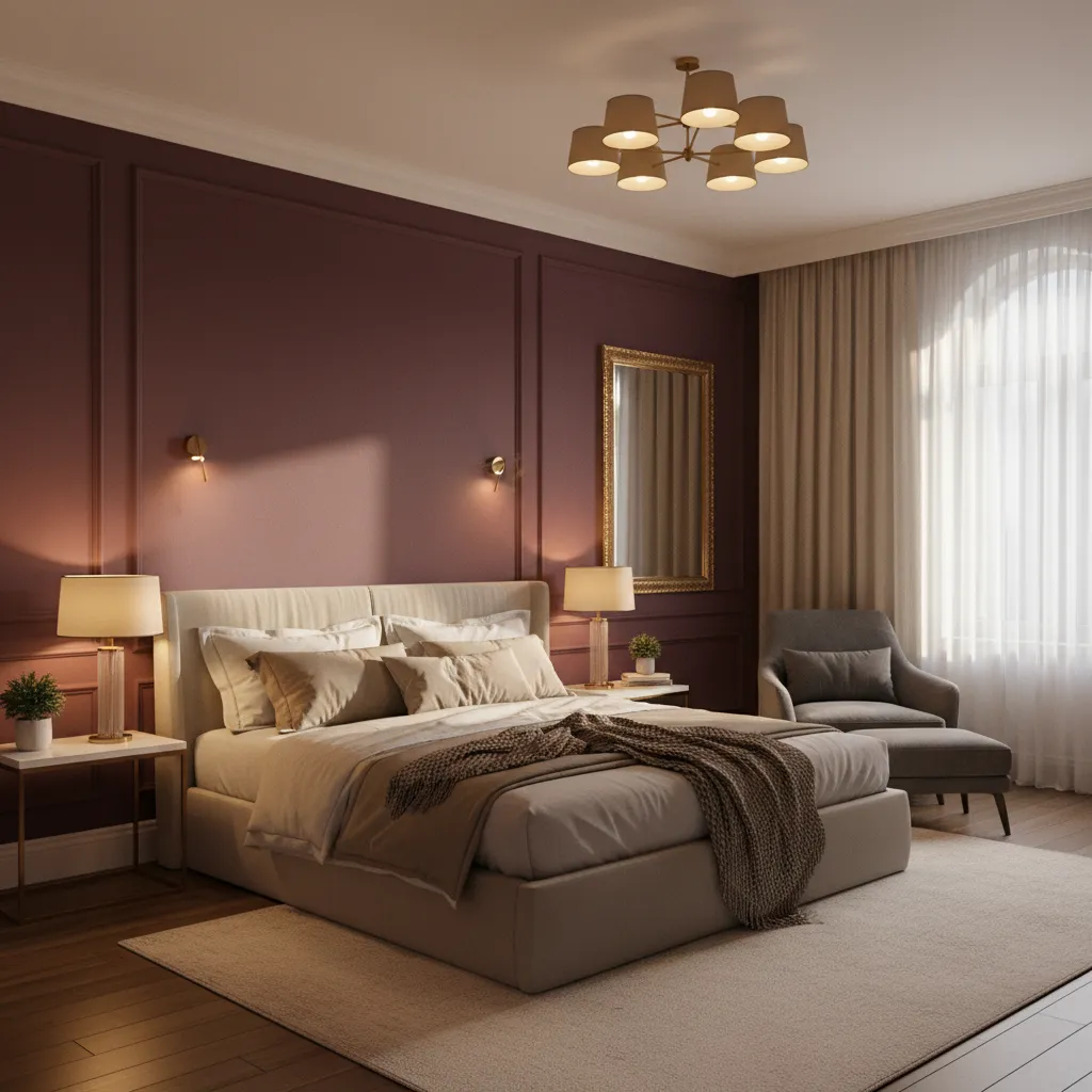 Burgundy bedroom demonstrating layered lighting with lamps sconces and ceiling lights