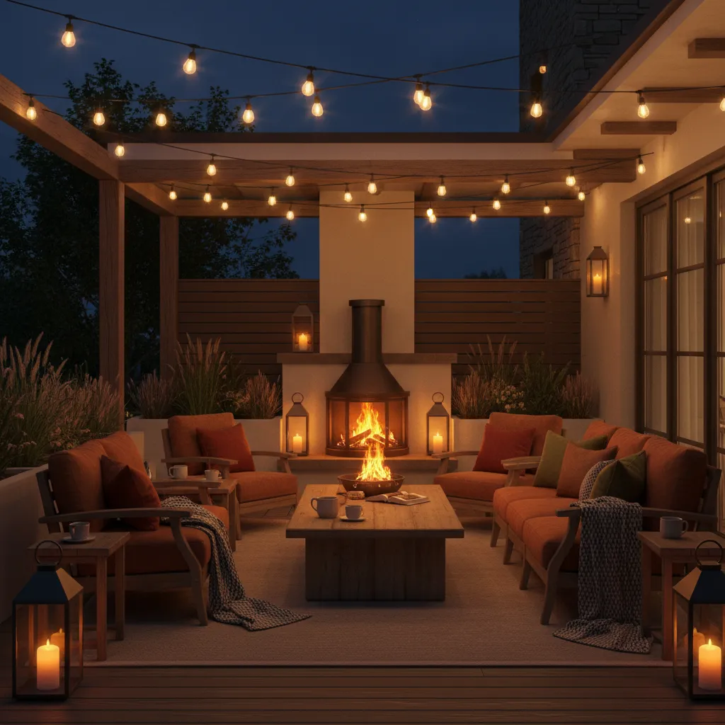 Outdoor patio with chiminea and layered lighting including lanterns and string lights