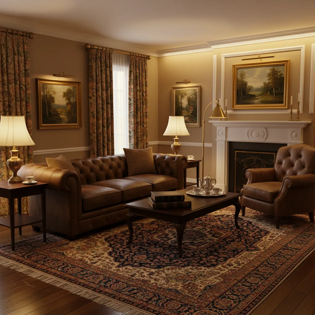 Classic living room showing layered lighting with lamps and warm ambience
