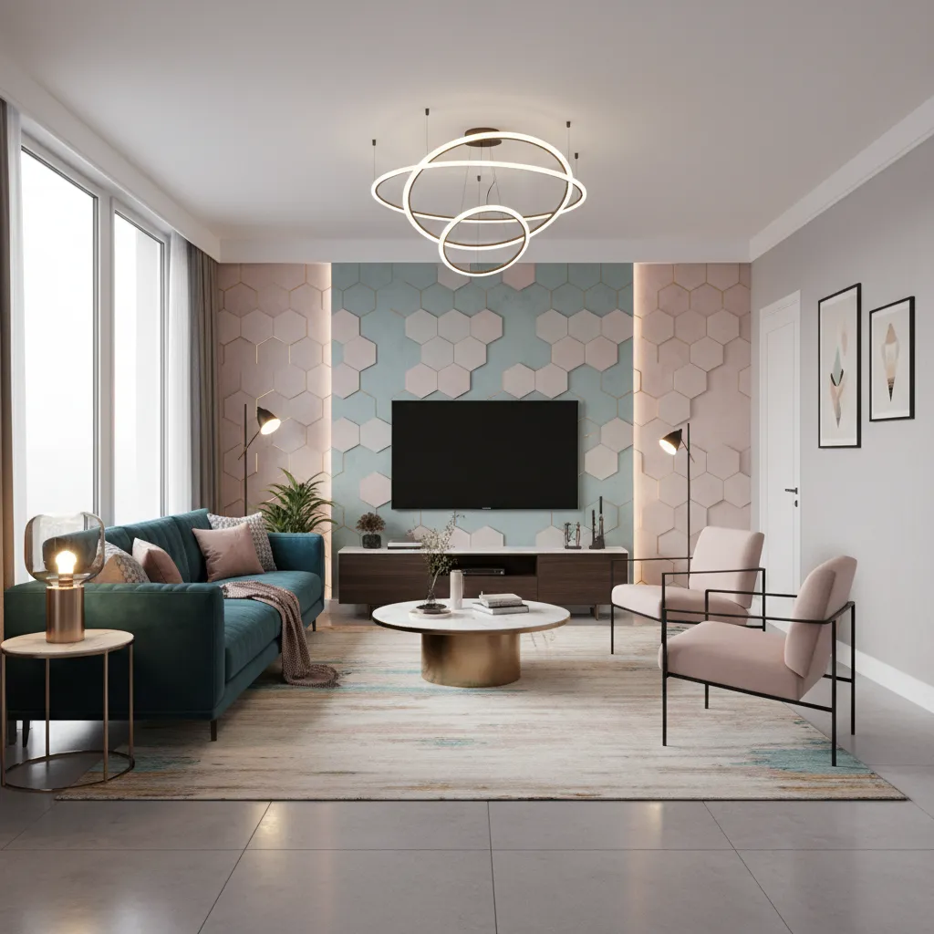 Layered lighting setup in colorful living room with ceiling lights table lamp and accent light