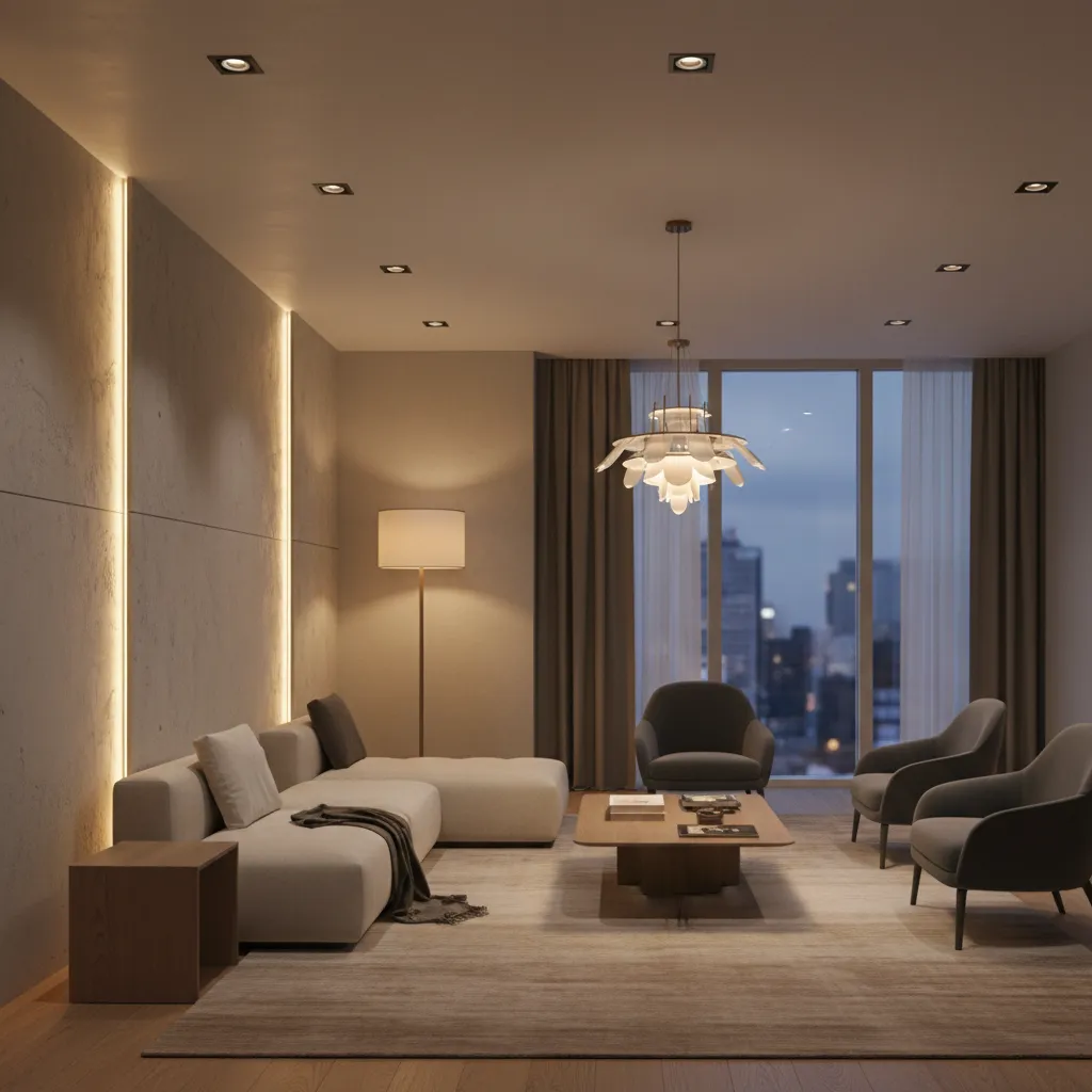 Example of layered lighting in contemporary interior design