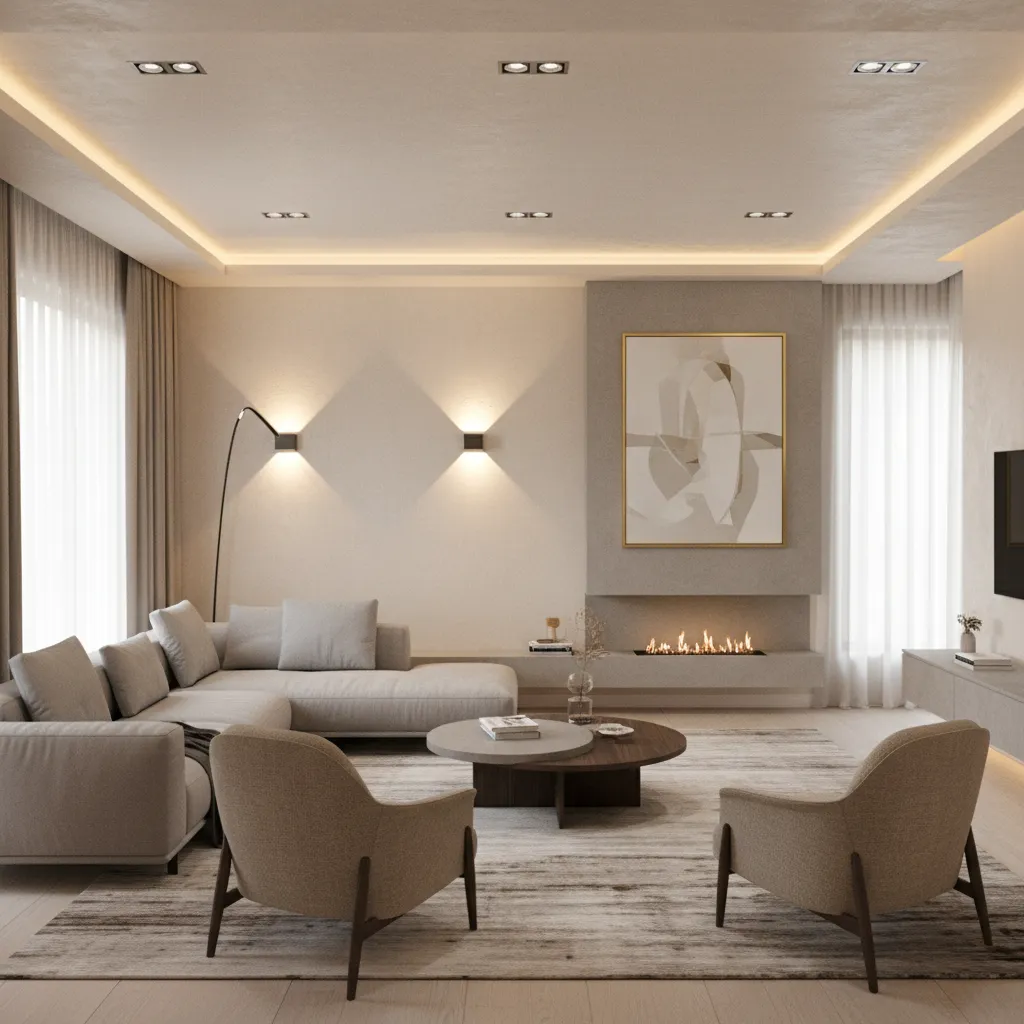 contemporary living room showing layered lighting with floor lamp wall sconces and ceiling lights
