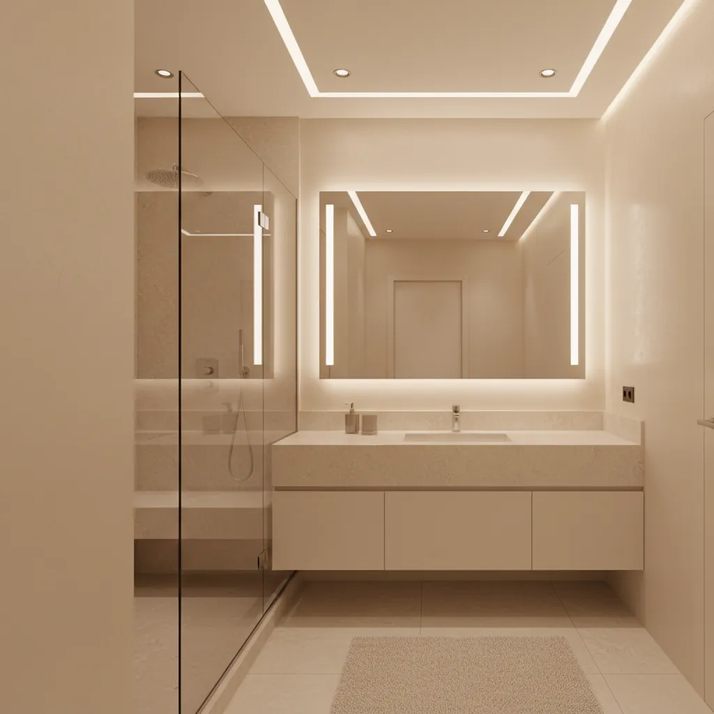 cream bathroom showing layered lighting with ceiling and vanity lights