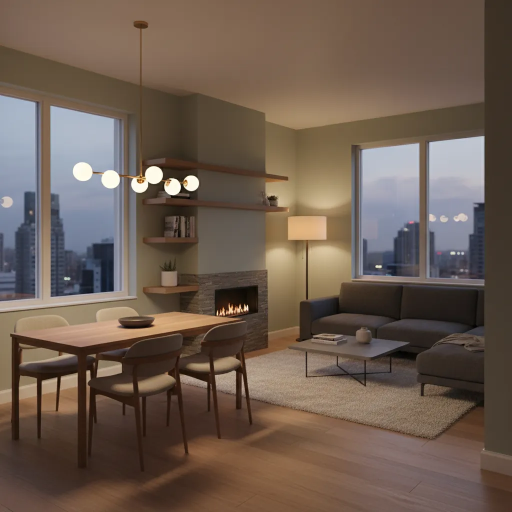 Pendant light above dining table and floor lamp in den area