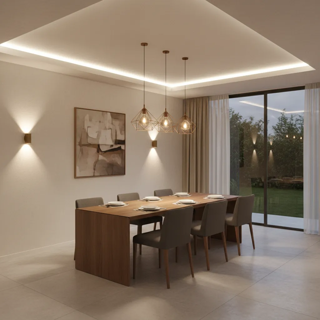 dining room lighting layers with pendant light wall sconces and ambient LED