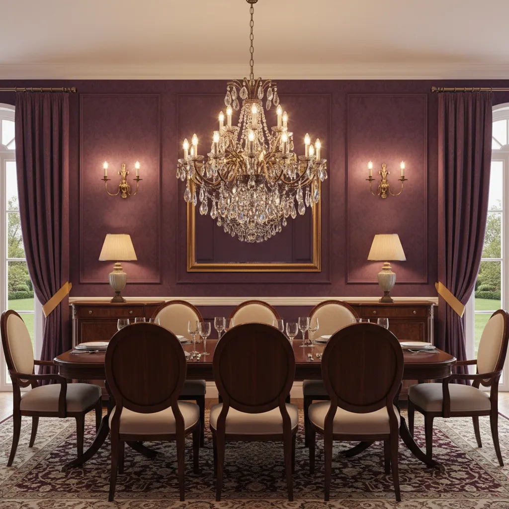 Dining room example showing chandelier and wall sconces lighting dark walls