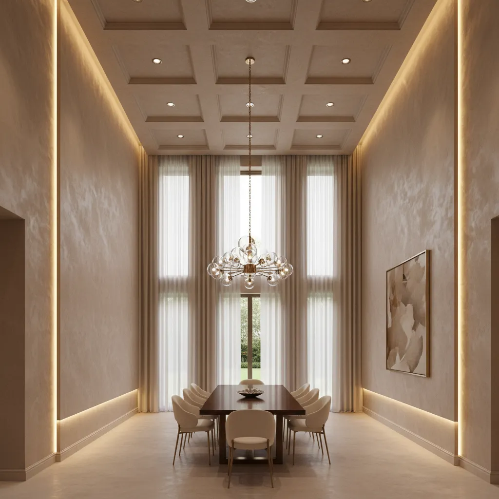 Layered lighting design with chandelier recessed lights and wall washers in tall dining room