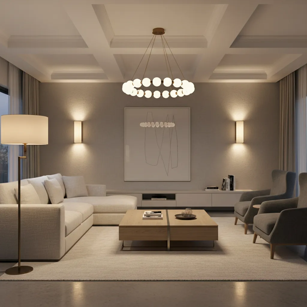 drawing room with layered lighting ceiling light floor lamp and wall light