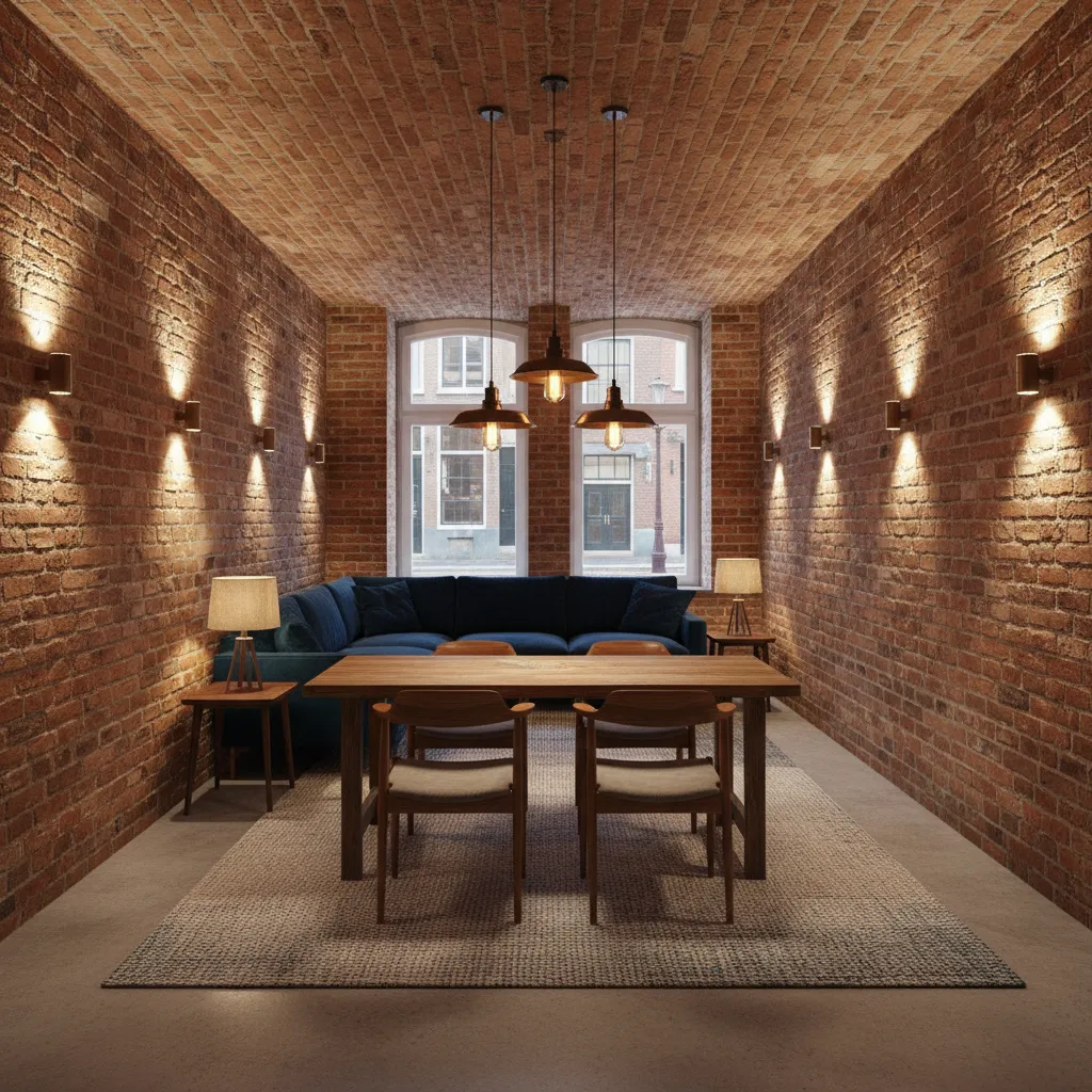 Layered lighting setup in a Dutch style basement with wall sconces and pendant lights