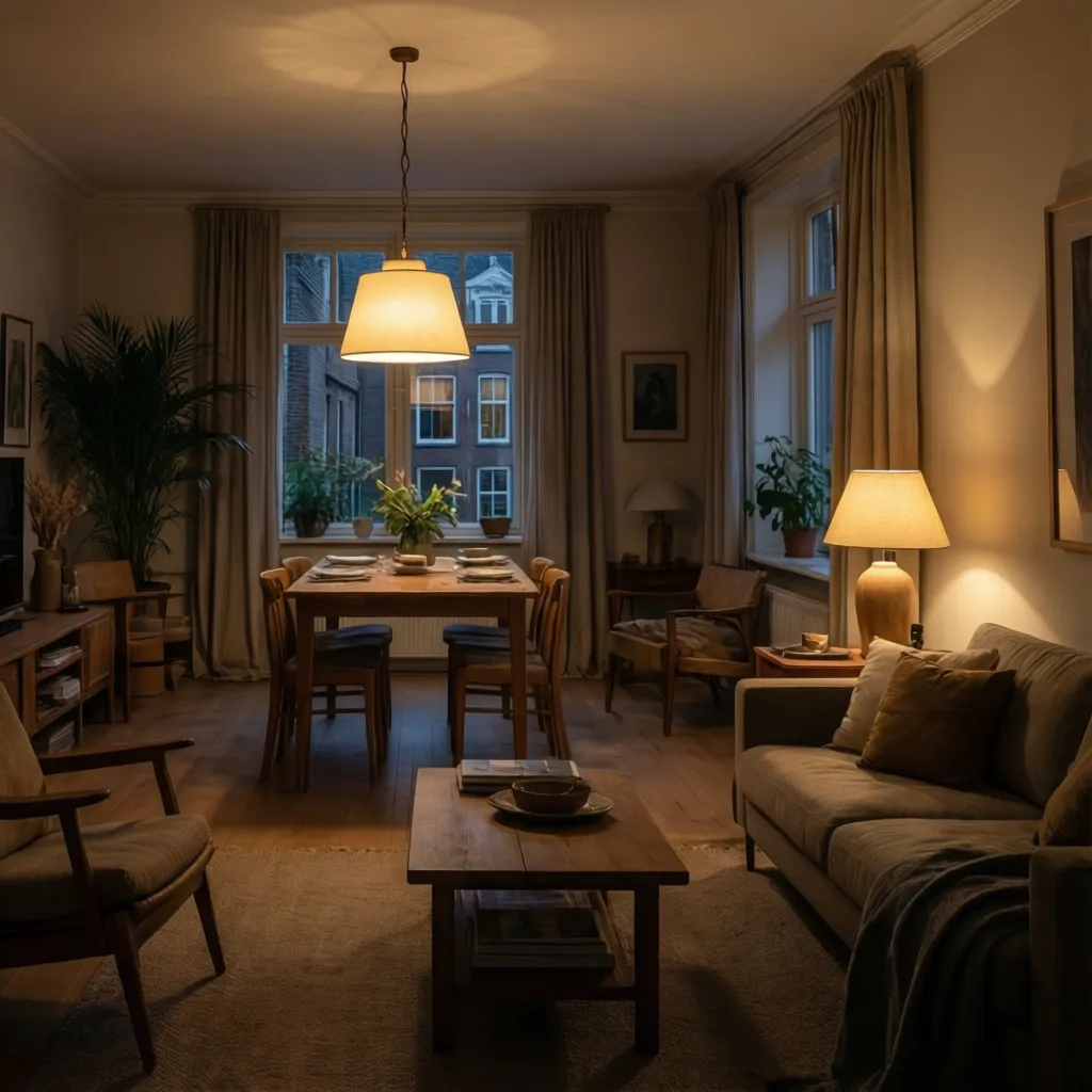 Dutch style living room showing layered lighting with pendant lamp table lamp and floor lamp