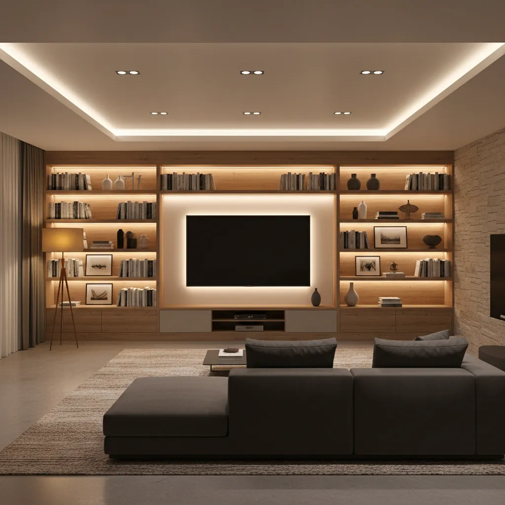 Entertainment room showing layered lighting with ambient ceiling lights and LED accents