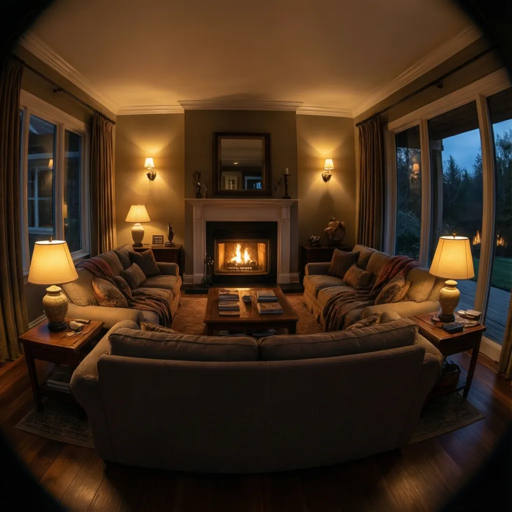 Fireplace seating area with layered lighting including sconces and lamps