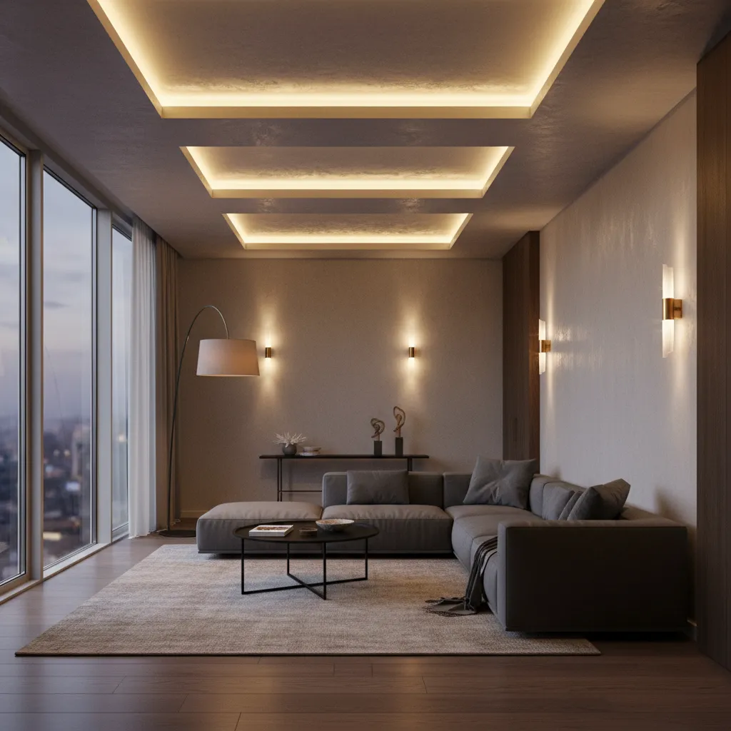 modern hall design with layered lighting ceiling lights wall lights and floor lamp
