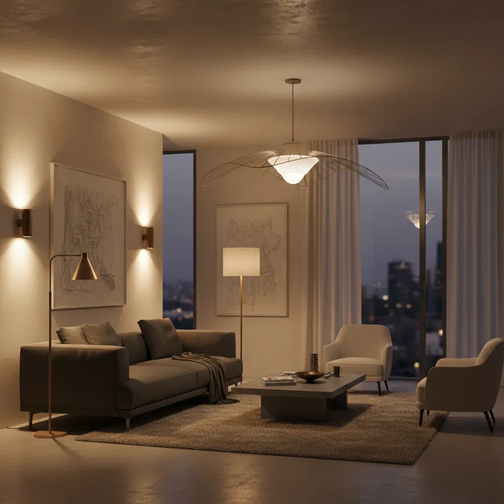 Hall interior with layered lighting including ceiling light floor lamp and wall sconces