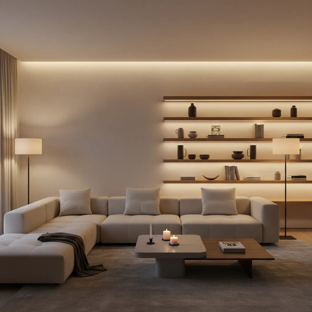 Iluminación en capas en un salón moderno