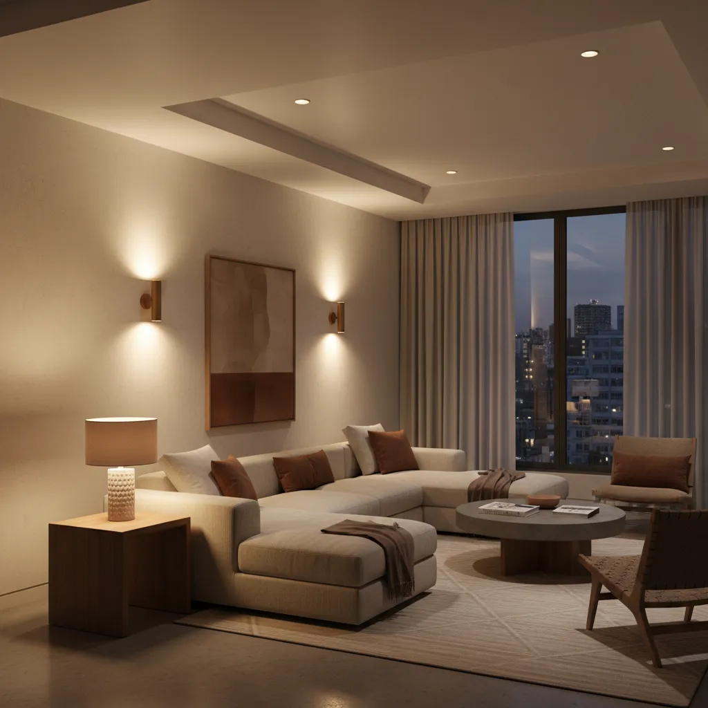 Interior con iluminación en capas combinando luz ambiental y decorativa