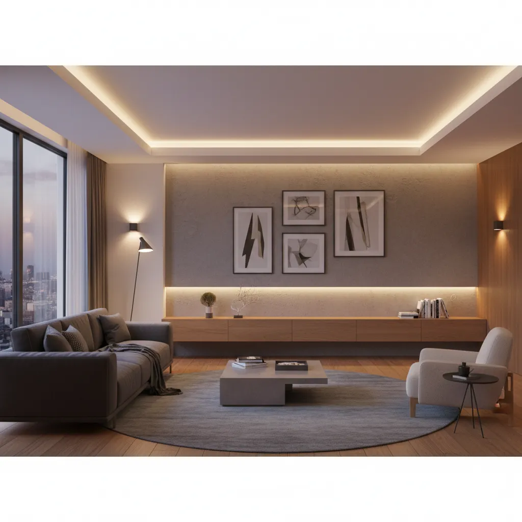 Living room with layered lighting including ceiling, lamps and accent lights