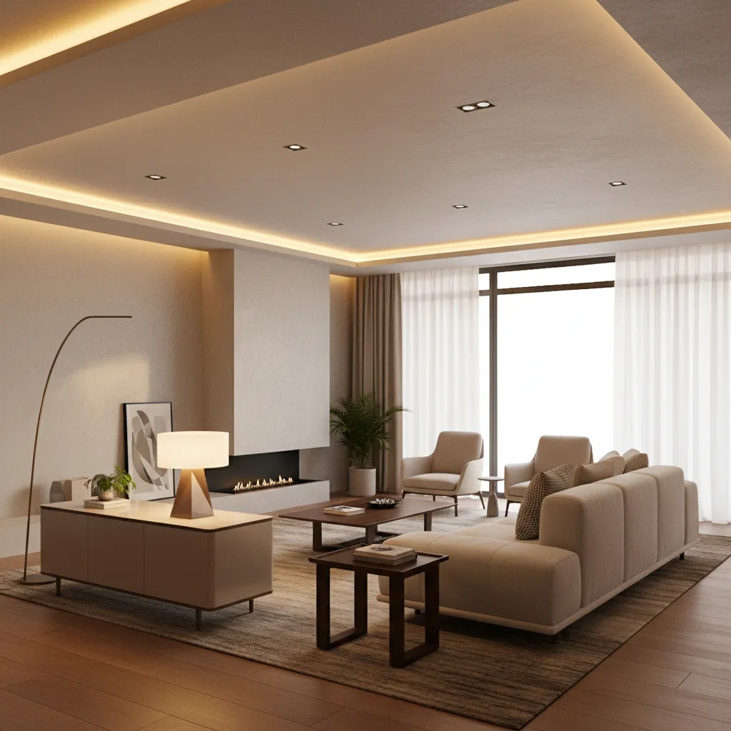 Living room with layered LED lighting using lamps and ceiling lights